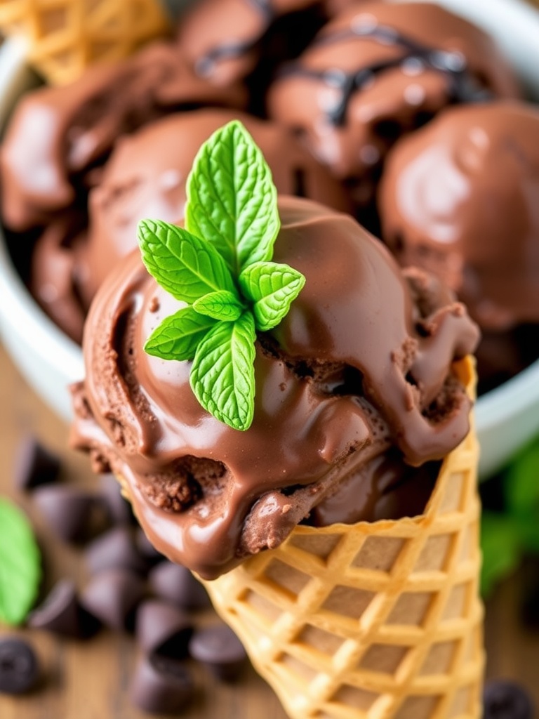 Homemade Chocolate Mint Ice Cream A waffle cone filled with rich chocolate mint ice cream, garnished with mint leaves, alongside a bowl of ice cream and chocolate chips.